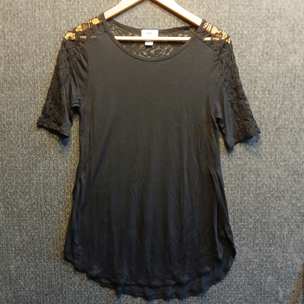 Old Navy Womens Small Black Lace Shoulder Short Sleeve Curved Hem T-Shirt Top